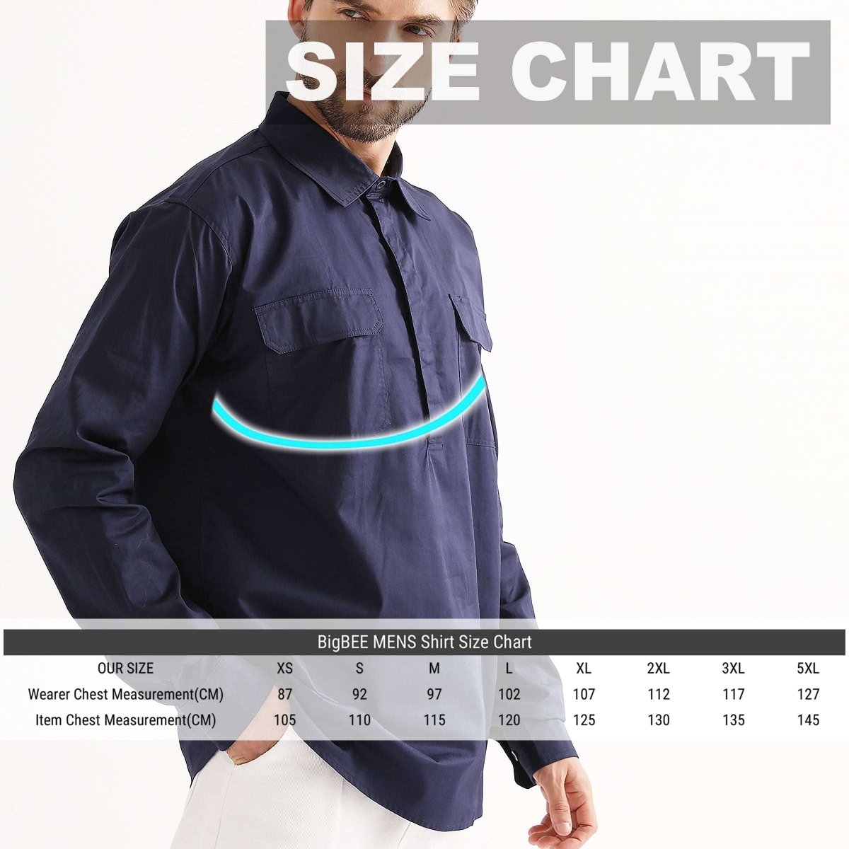 Closed Front Lightweight Cotton Work shirt, Long Sleeve, size chart – Big Bee Workwear