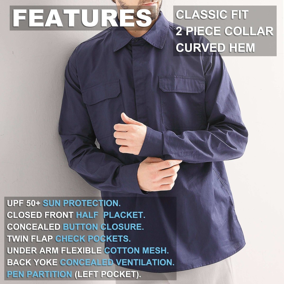 Closed Front Lightweight Cotton Work shirt, Long Sleeve, key features – Big Bee Workwear