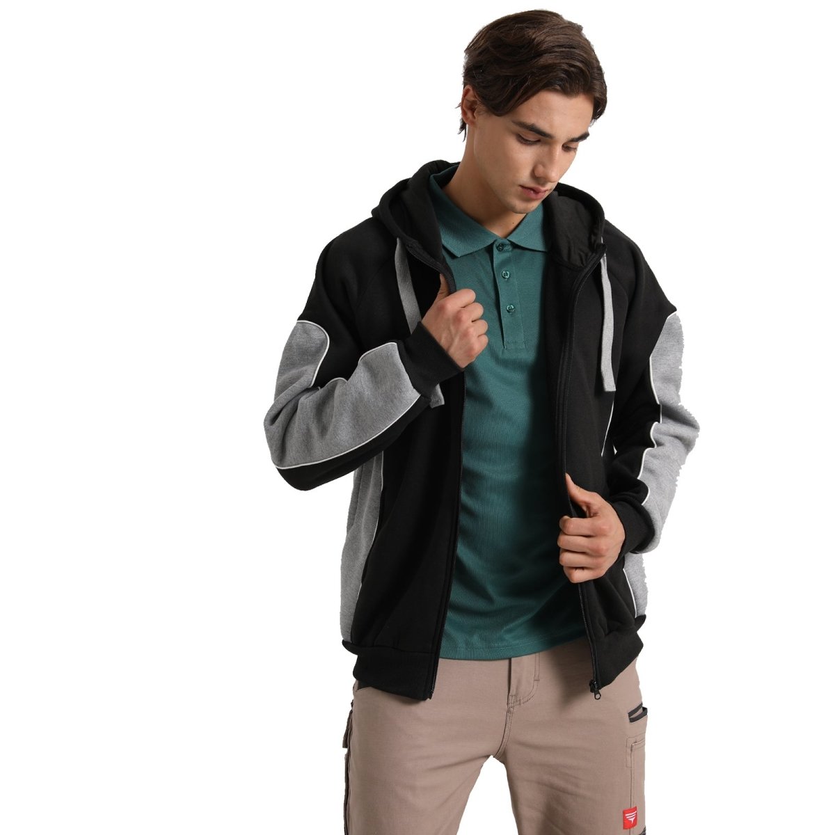 Panel Full Zip Hoodie Jumper in Black with grey, Contrast Sleeve, model posed – Big Bee Workwear