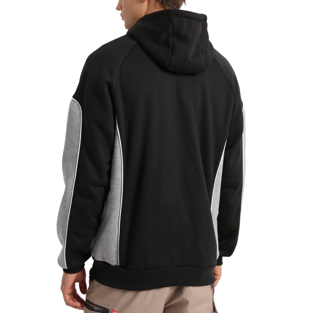 Panel Full Zip Hoodie Jumper in Black with grey, Contrast Sleeve, model back – Big Bee Workwear