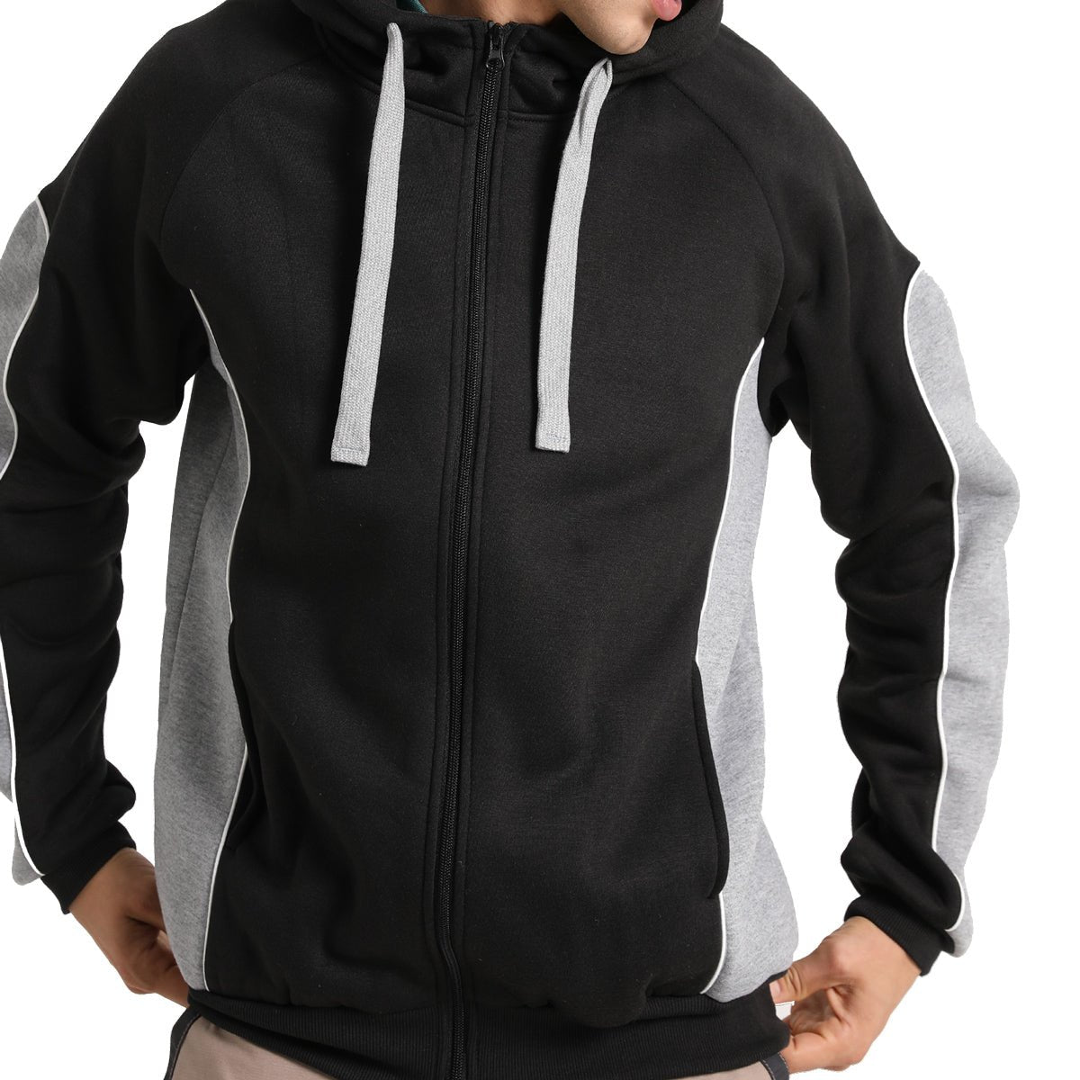 Panel Full Zip Hoodie Jumper in Black with grey, Contrast Sleeve, model in action – Big Bee Workwear