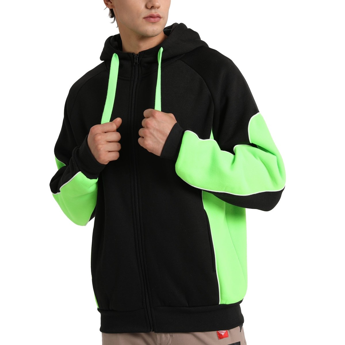 Panel Full Zip Hoodie Jumper in Black with green lime, Contrast Sleeve, model front – Big Bee Workwear
