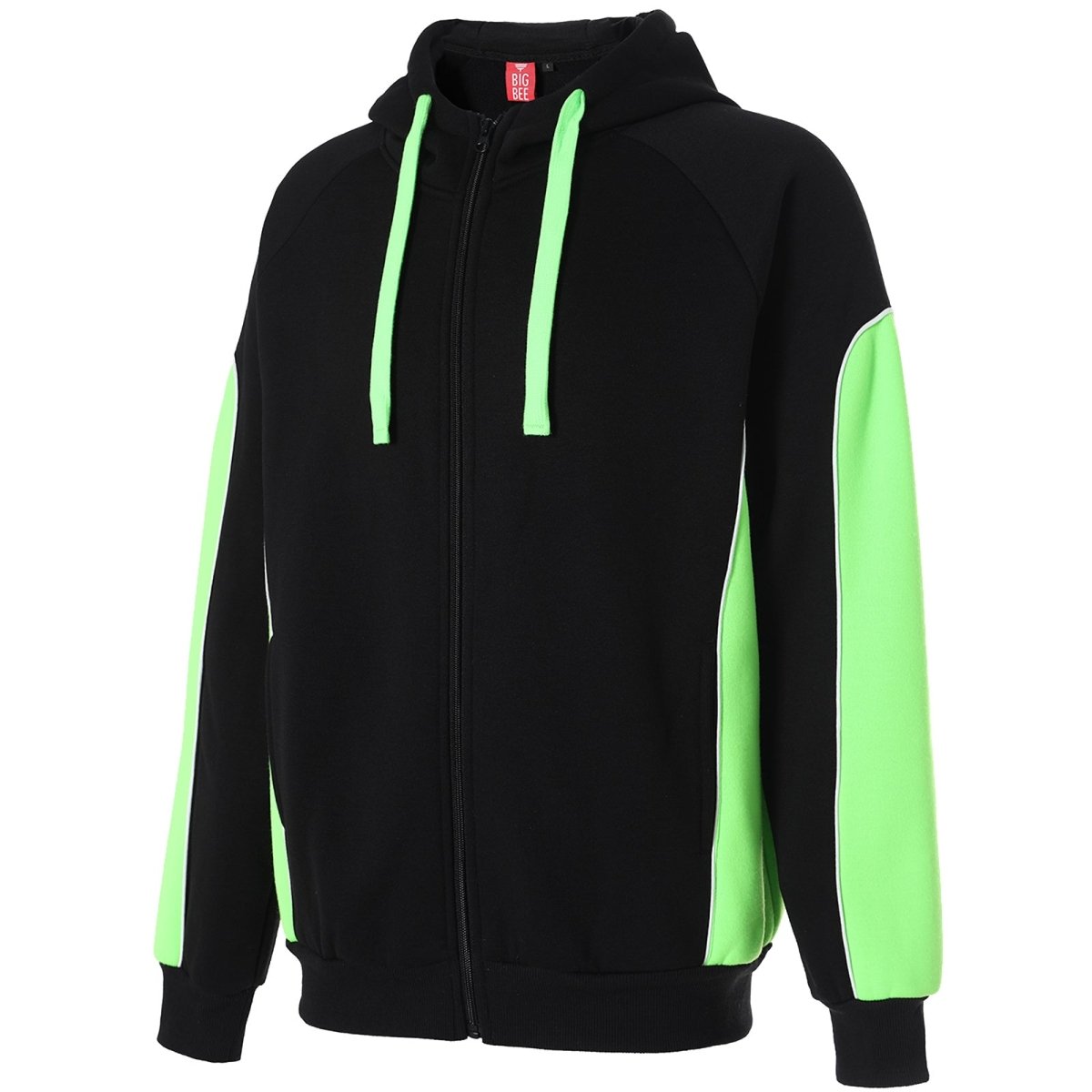 Panel Full Zip Hoodie Jumper in Black with green lime, Contrast Sleeve, front – Big Bee Workwear