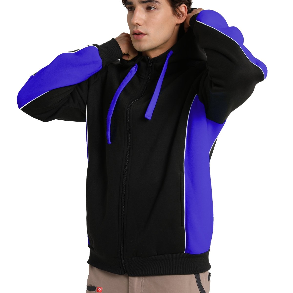 Panel Full Zip Hoodie Jumper in Black with purple, Contrast Sleeve, model side – Big Bee Workwear