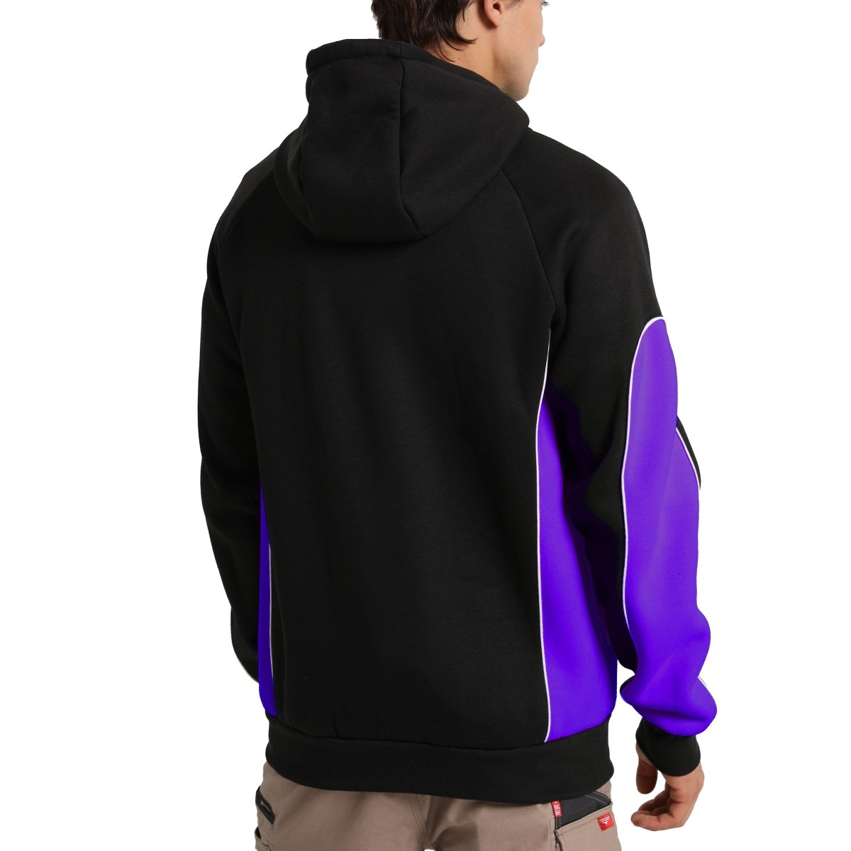 Panel Full Zip Hoodie Jumper in Black with purple, Contrast Sleeve, model back – Big Bee Workwear