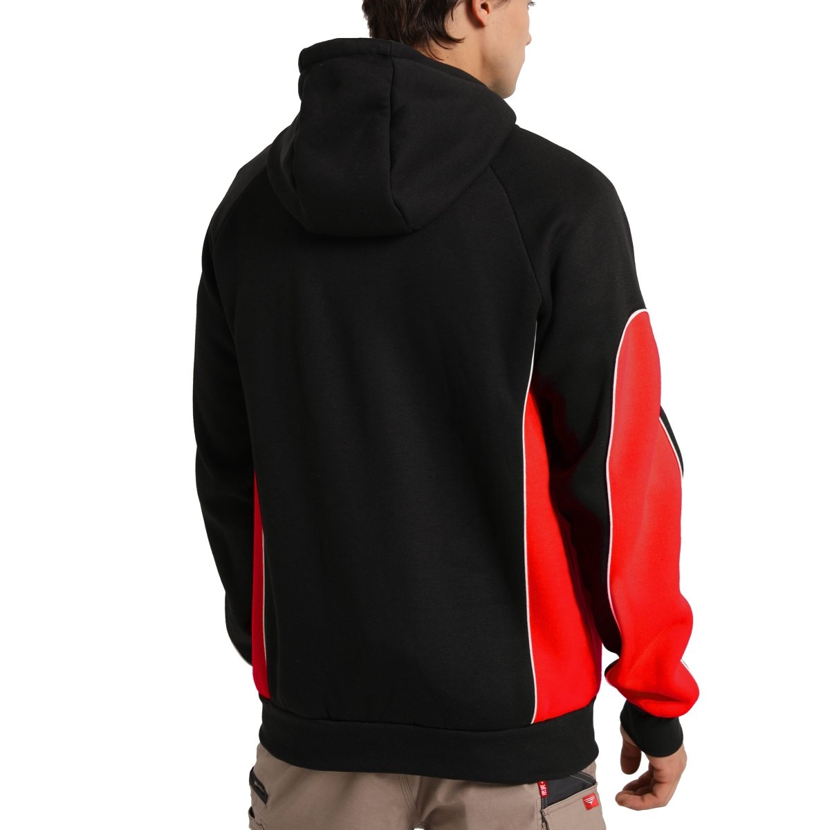 Panel Full Zip Hoodie Jumper in Black with red, Contrast Sleeve, model back – Big Bee Workwear
