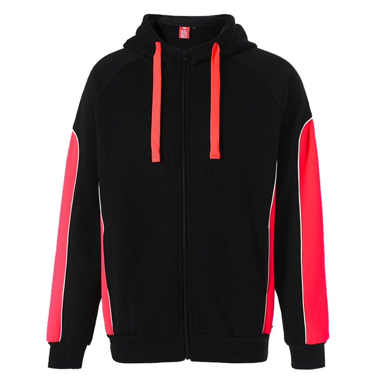 Panel Full Zip Hoodie Jumper in Black with red, Contrast Sleeve, front – Big Bee Workwear