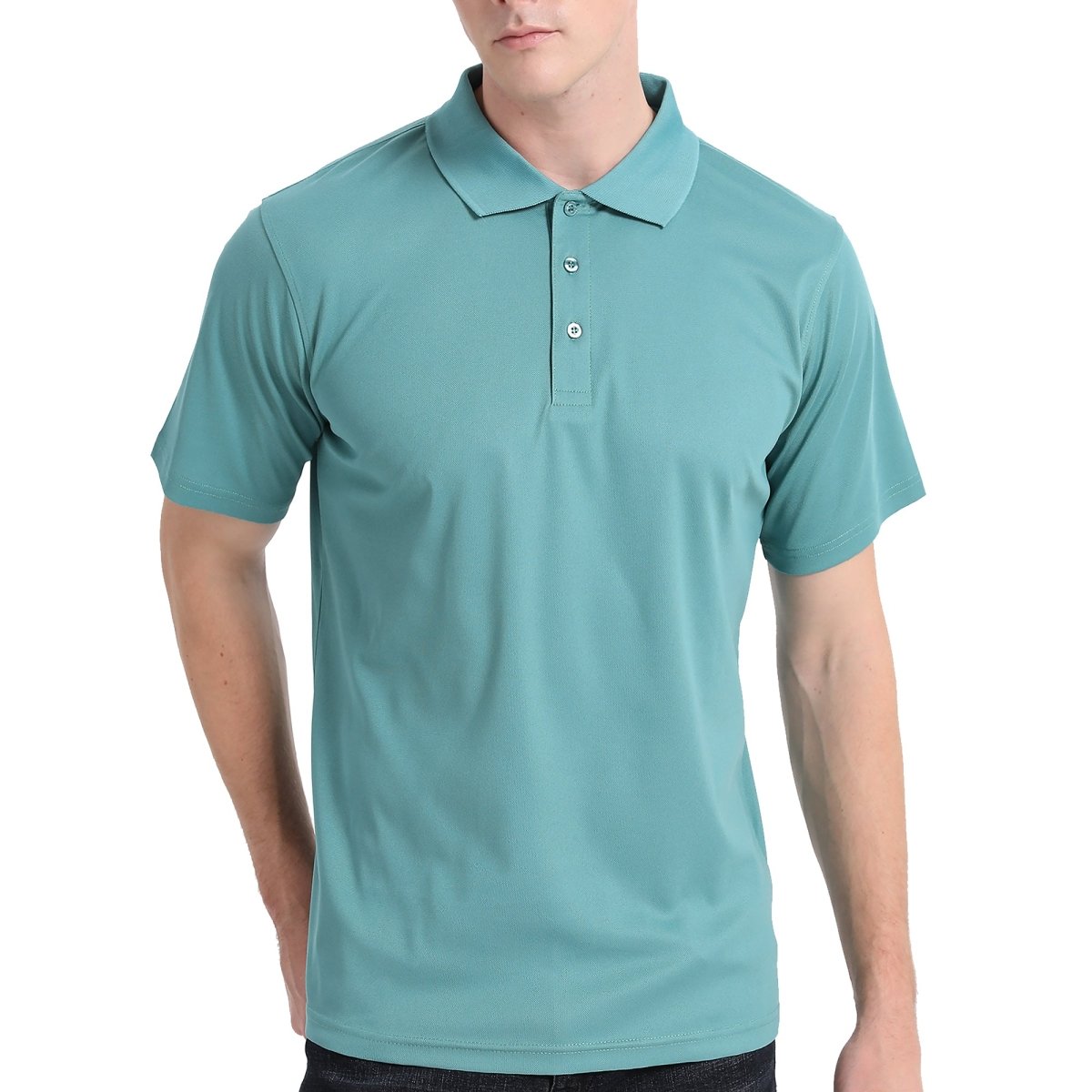 Men’s Plain polo shirt in Teal Green, Short Sleeve, model front – Big Bee Workwear
