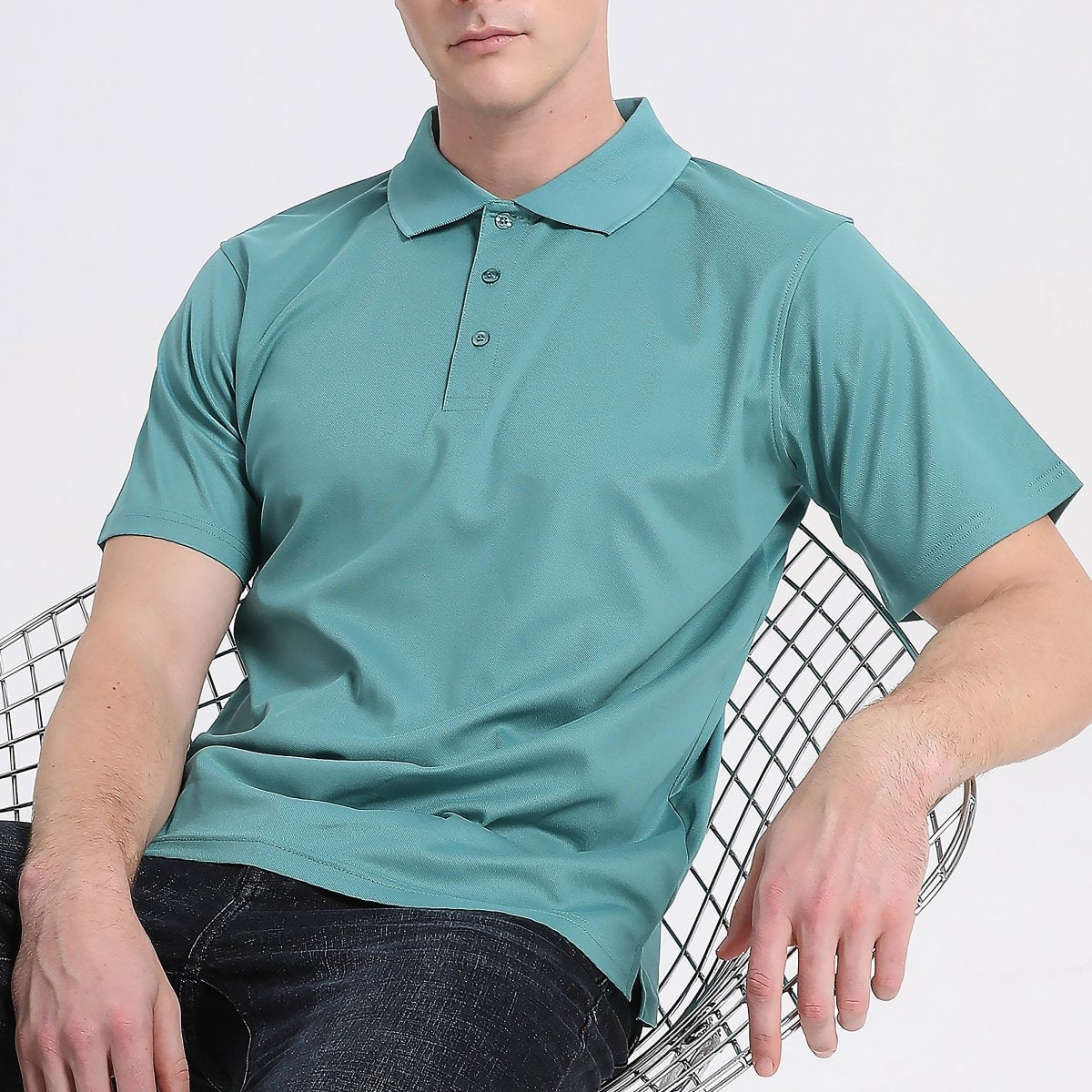 Men’s Plain polo shirt in Teal Green, Short Sleeve, model lifestyle scene – Big Bee Workwear