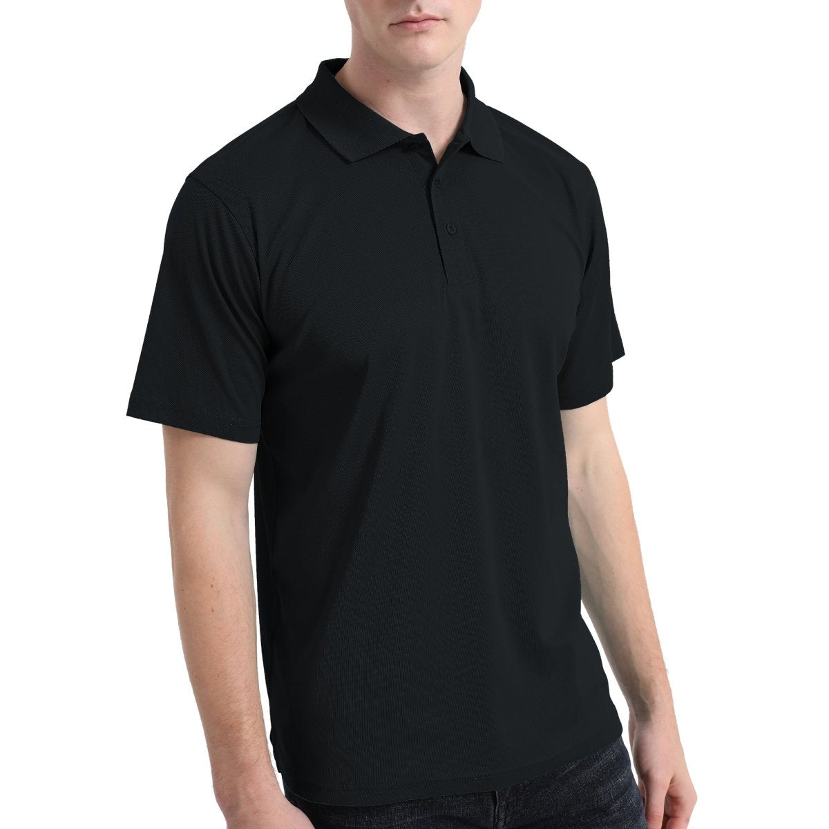 Men’s Plain polo shirt in black, Short Sleeve, model front – Big Bee Workwear