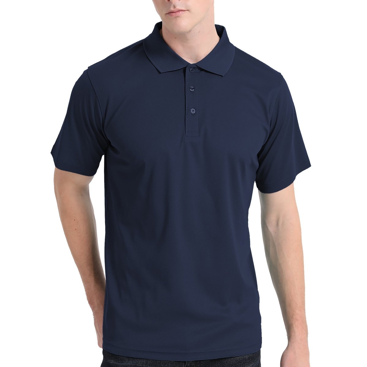 Men’s Plain polo shirt in navy blue, Short Sleeve, model front – Big Bee Workwear