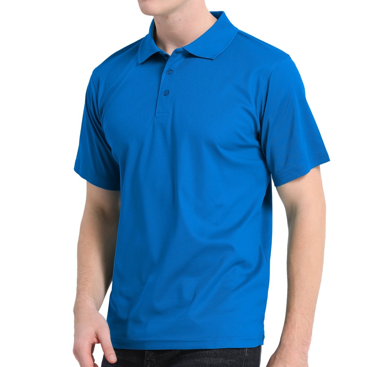 Men’s Plain polo shirt in royal blue, Short Sleeve, model front – Big Bee Workwear