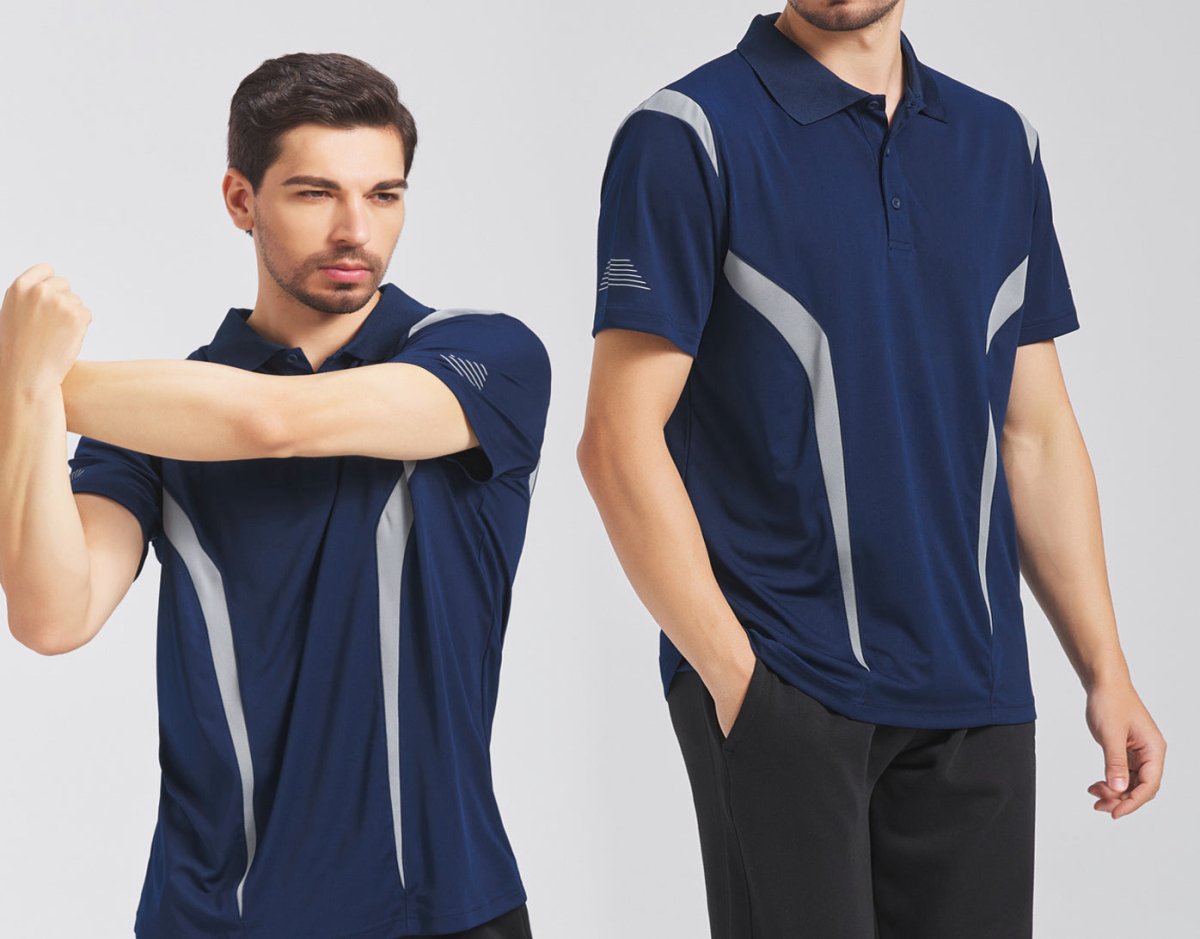 "summit polo shirt in navy grey, model lifestyle scene – Big Bee Workwear"