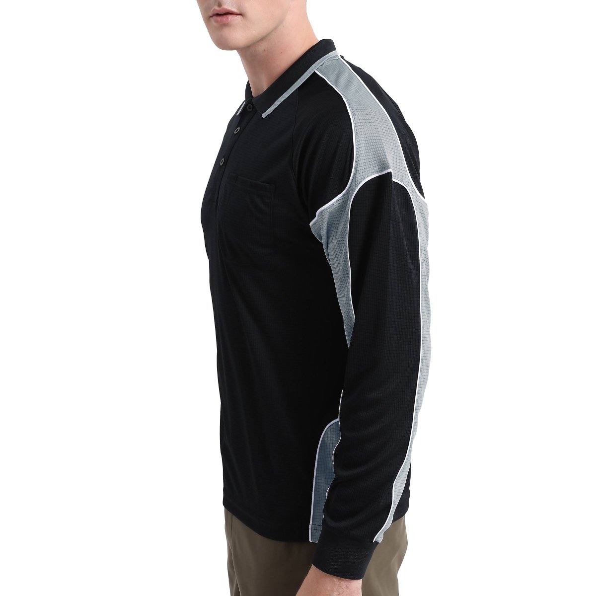 Men’s Panel Long Sleeve polo shirt in Black with grey charcoal, model side – Big Bee Workwear