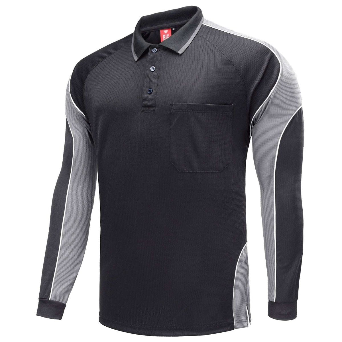 Men’s Panel Long Sleeve polo shirt in Black with grey charcoal, side – Big Bee Workwear