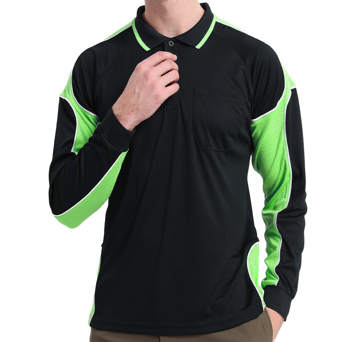 Men’s Panel Long Sleeve polo shirt in Black with Lime Green, model front – Big Bee Workwear
