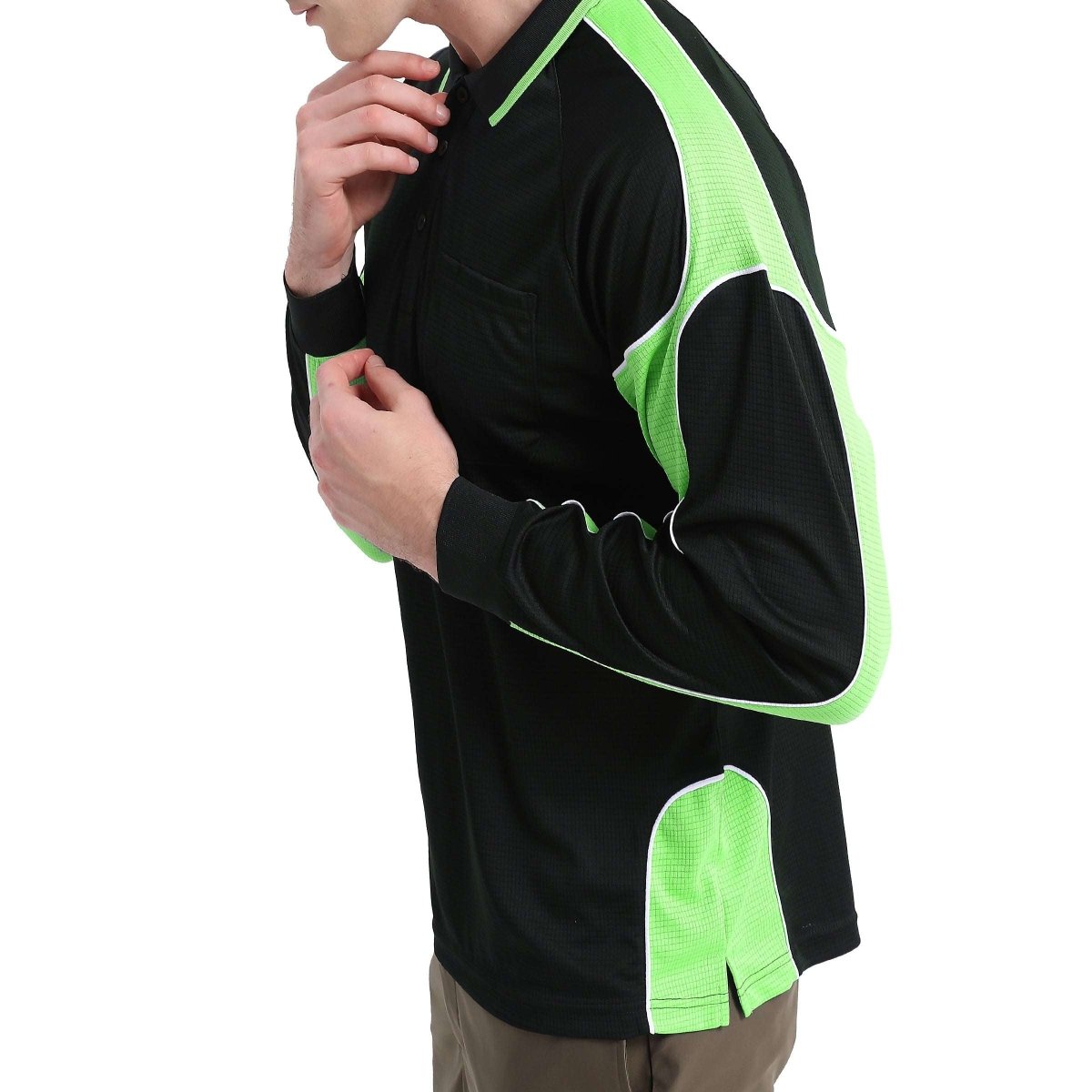 Men’s Panel Long Sleeve polo shirt in Black with Lime Green, model posed – Big Bee Workwear