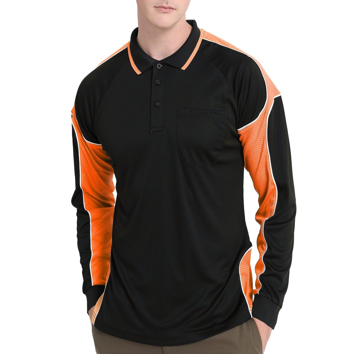 Men’s Panel Long Sleeve polo shirt in Black with orange, model front – Big Bee Workwear