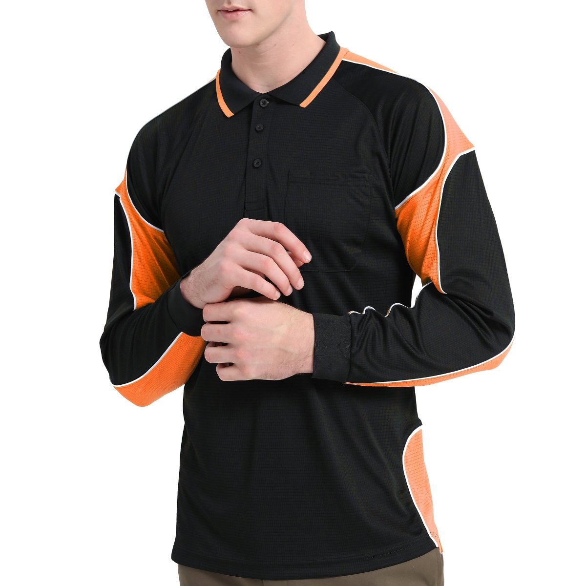 Men’s Panel Long Sleeve polo shirt in Black with orange, model posed – Big Bee Workwear
