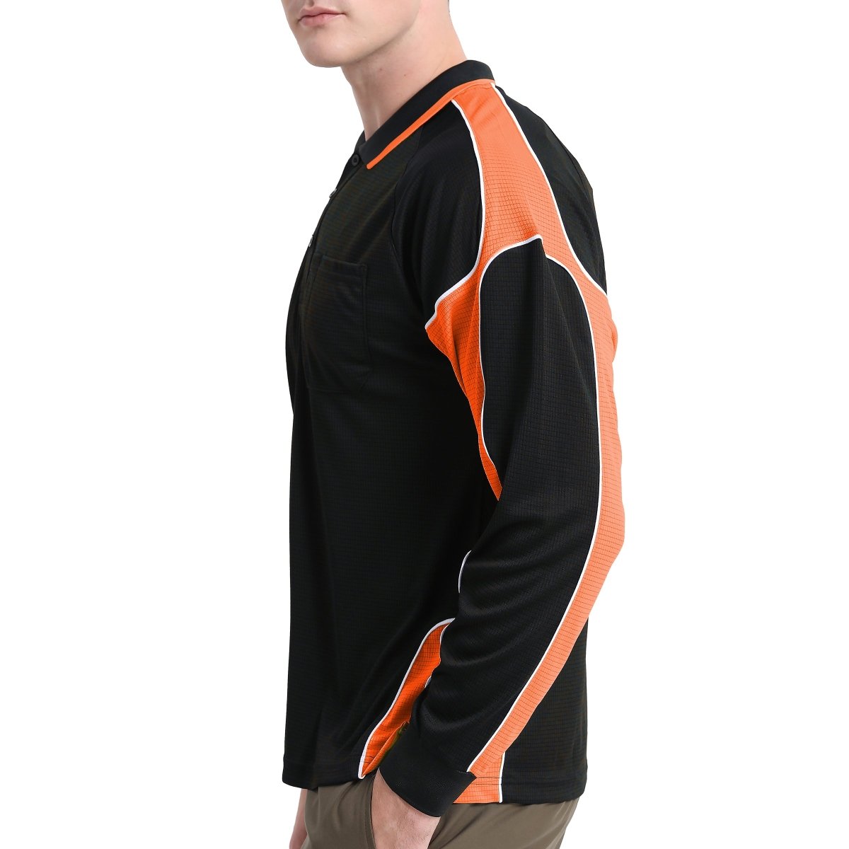 Men’s Panel Long Sleeve polo shirt in Black with orange, model side – Big Bee Workwear
