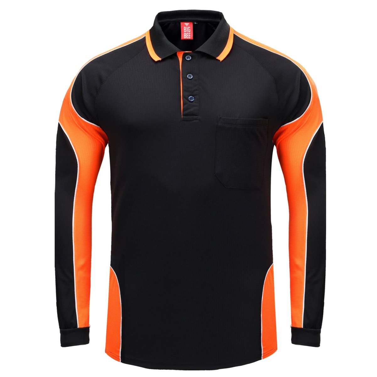 Men’s Panel Long Sleeve polo shirt in Black with orange, front – Big Bee Workwear