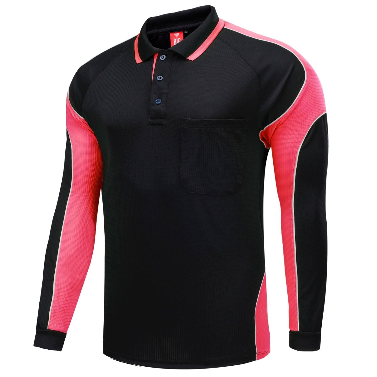 Men’s Panel Long Sleeve polo shirt in Black with pink, side – Big Bee Workwear
