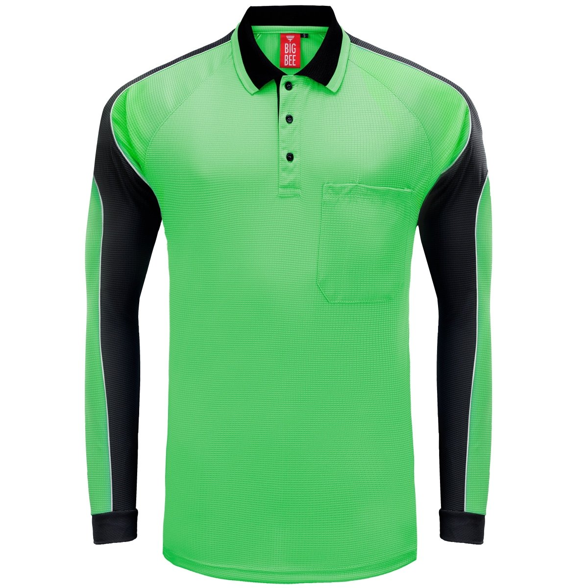 Men’s Panel Long Sleeve polo shirt in Lime Green with black, front – Big Bee Workwear