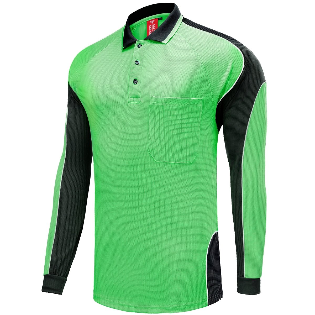 "Men’s Panel Long Sleeve polo shirt in Lime Green with black, side – Big Bee Workwear"