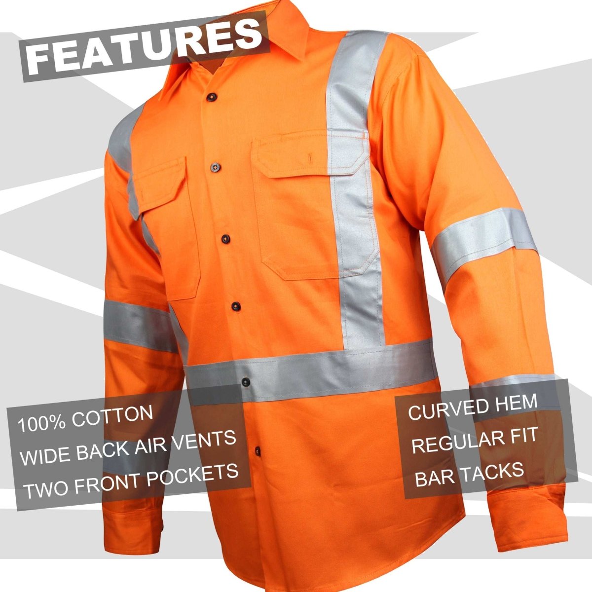 Cross Back Hi-vis work shirt in Orange with reflective tape, key features – Big Bee Workwear