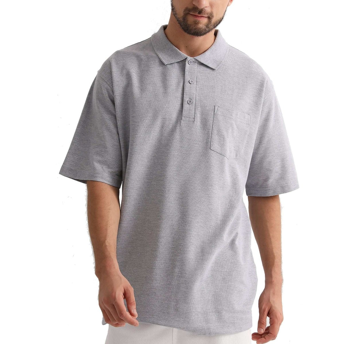 cotton blend polo shirt in grey, model front – ISUSI