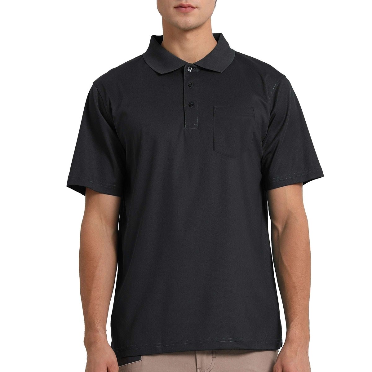 cotton blend polo shirt in black, model front – ISUSI