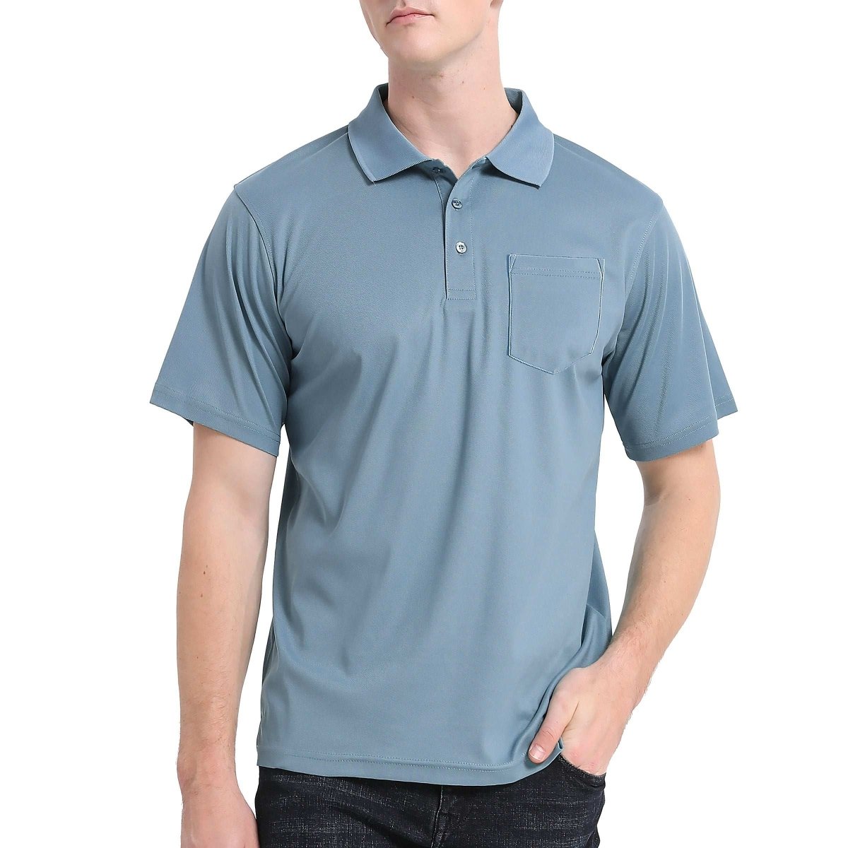 cotton blend polo shirt in blue natural, model front – ISUSI