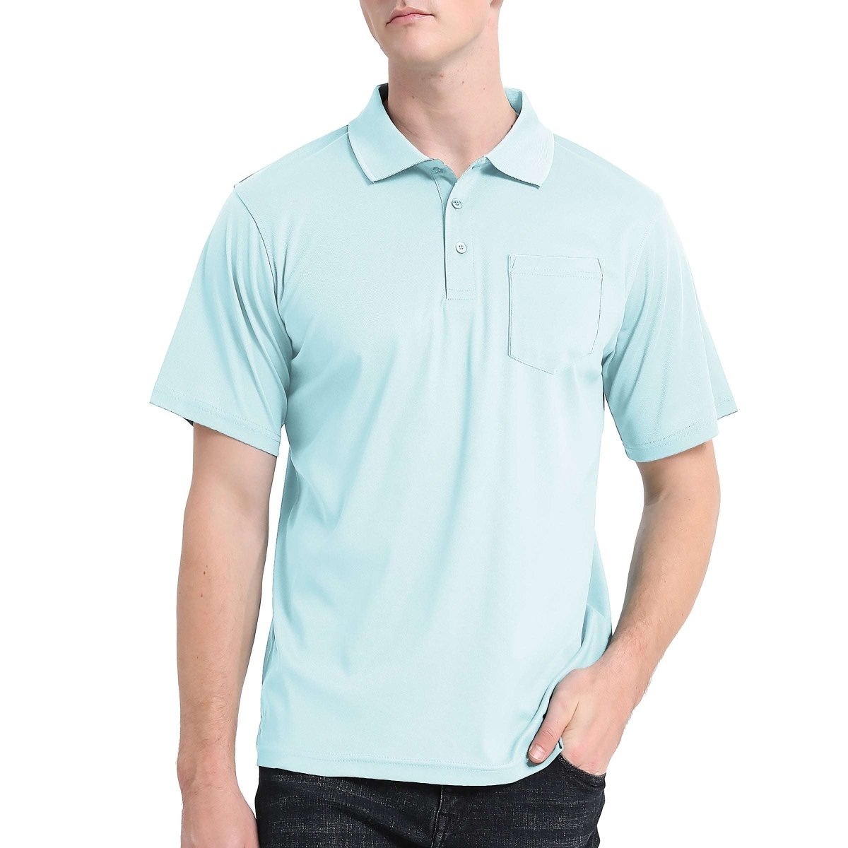 cotton blend polo shirt in light blue, model front – ISUSI