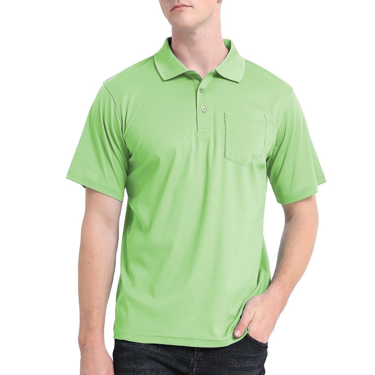 cotton blend polo shirt in light green, model front – ISUSI