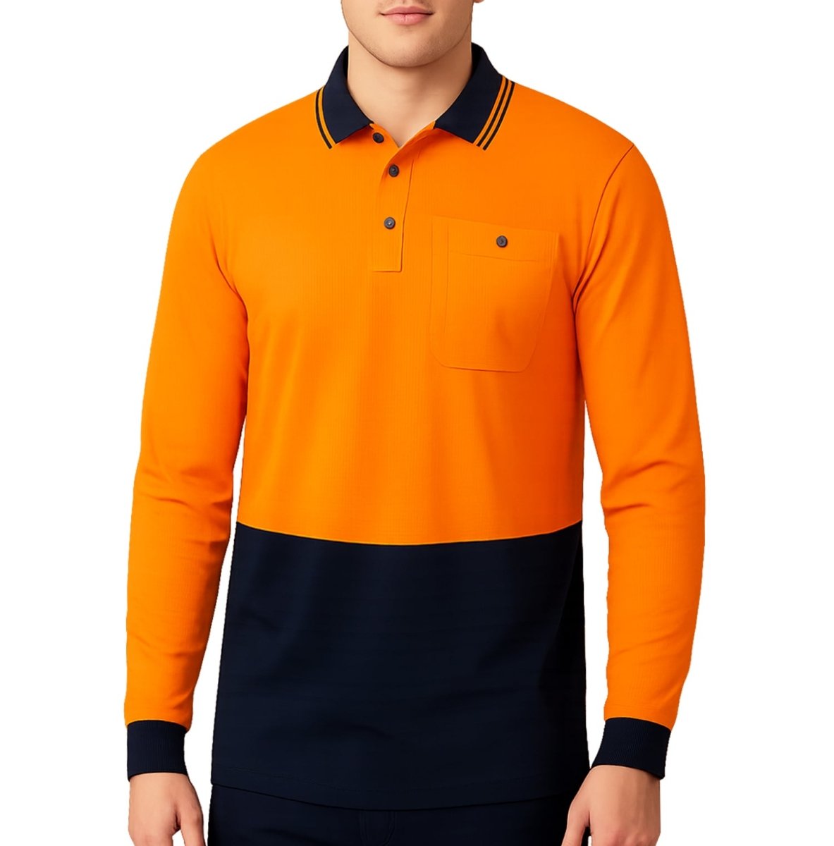 Hi-Vis Long Sleeve Work polo shirt in orange navy, model front – Big Bee Workwear