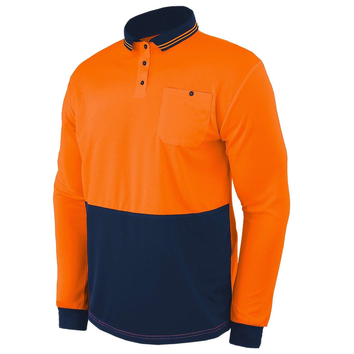 Hi-Vis Long Sleeve Work polo shirt in orange navy, side – Big Bee Workwear