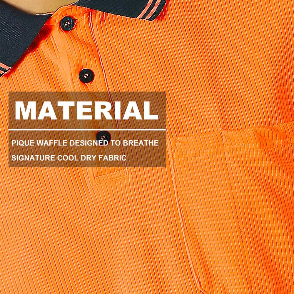 Hi-Vis Long Sleeve Work polo shirt fabric close-up with info – Big Bee Workwear