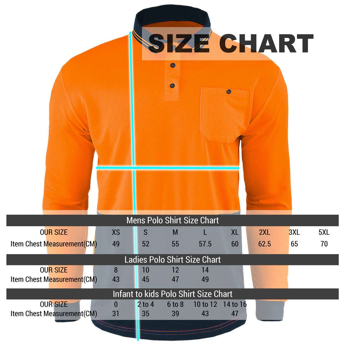 Hi-Vis Long Sleeve Work polo shirt size chart – Big Bee Workwear