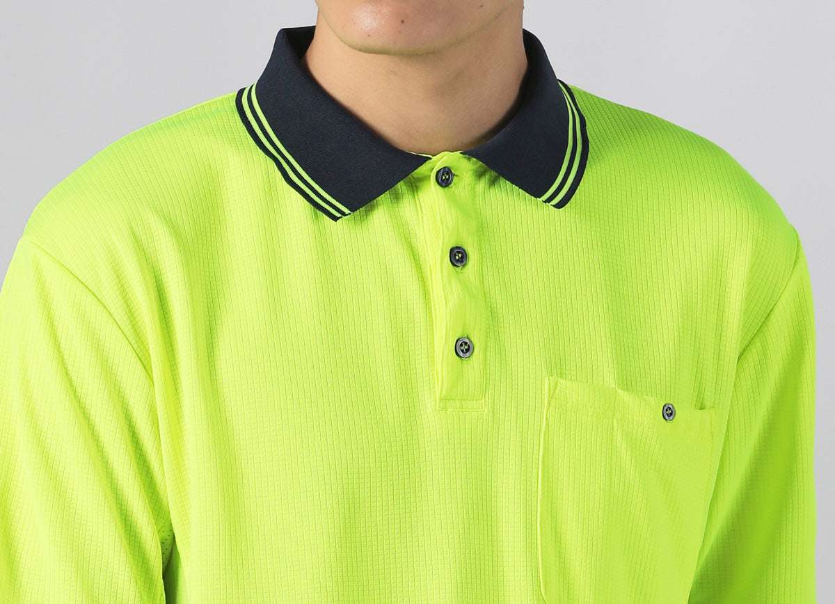 Hi-Vis Long Sleeve Work polo shirt collar detail close-up – Big Bee Workwear