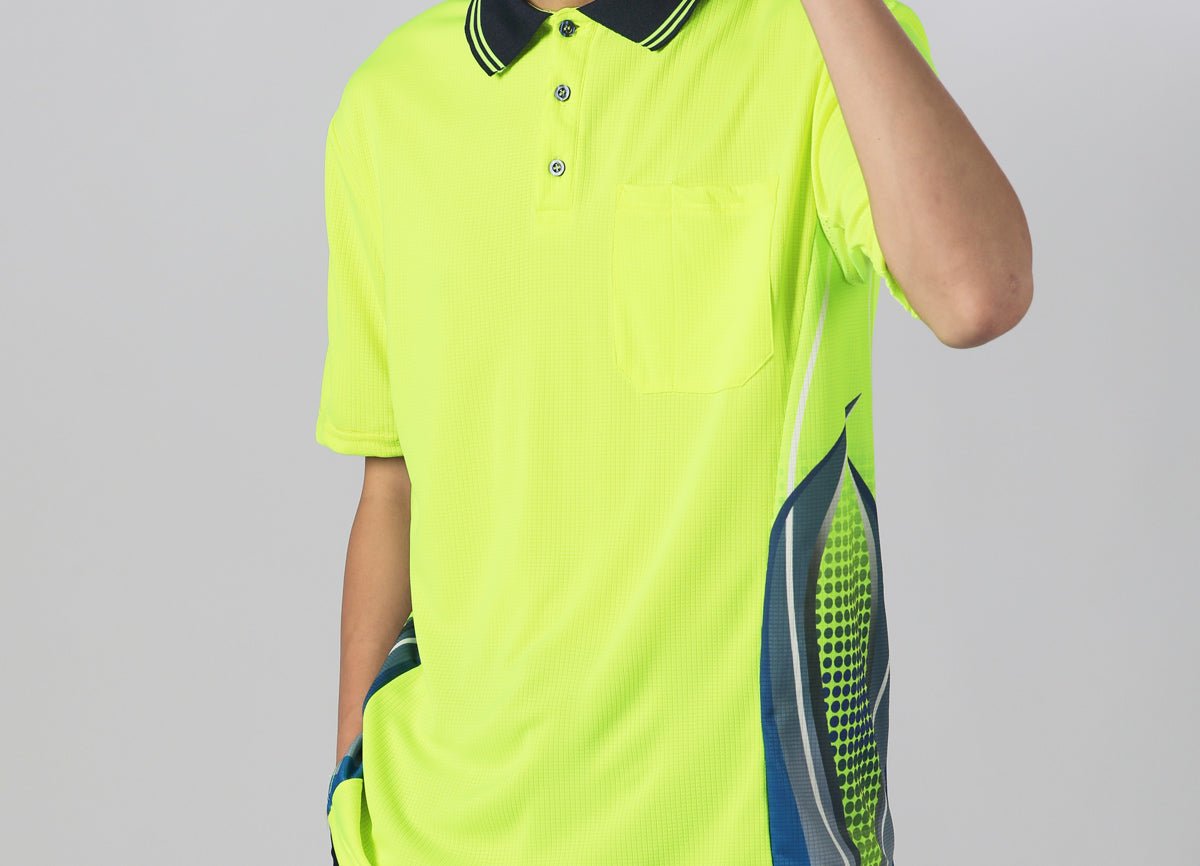 "TECH Hi-Vis work polo shirt, Short Sleeve, side detail close-up – Big Bee Workwear"