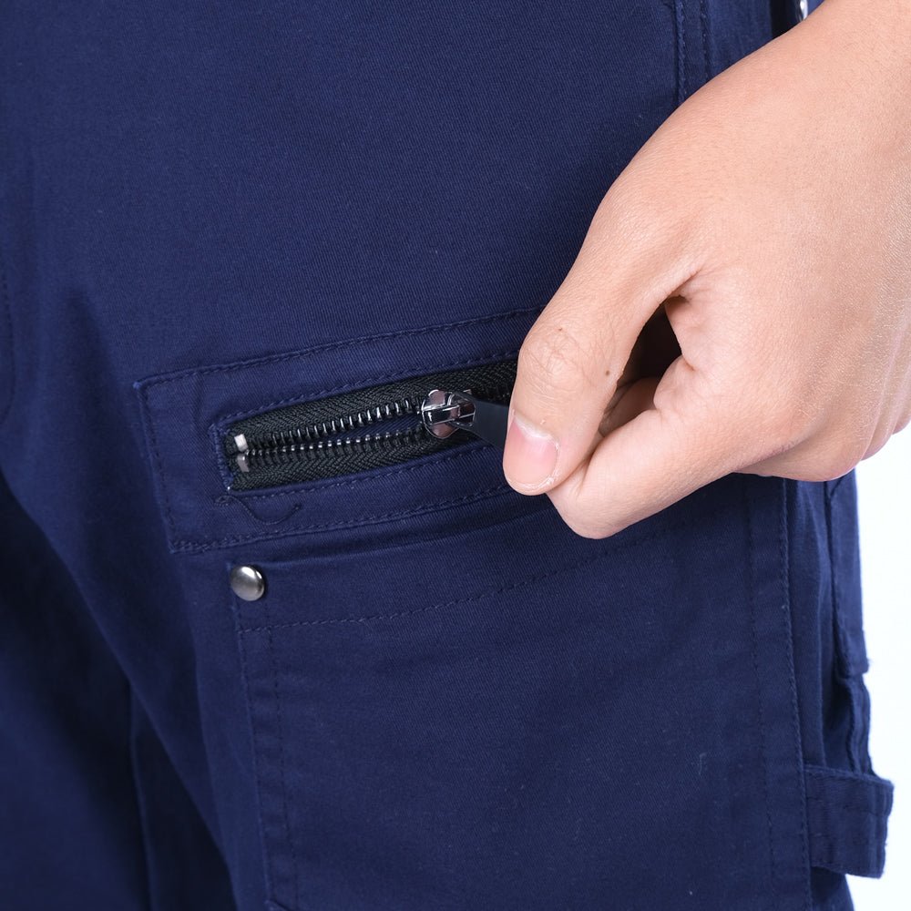 utility work shorts zipper detail close-up – Big Bee Workwear