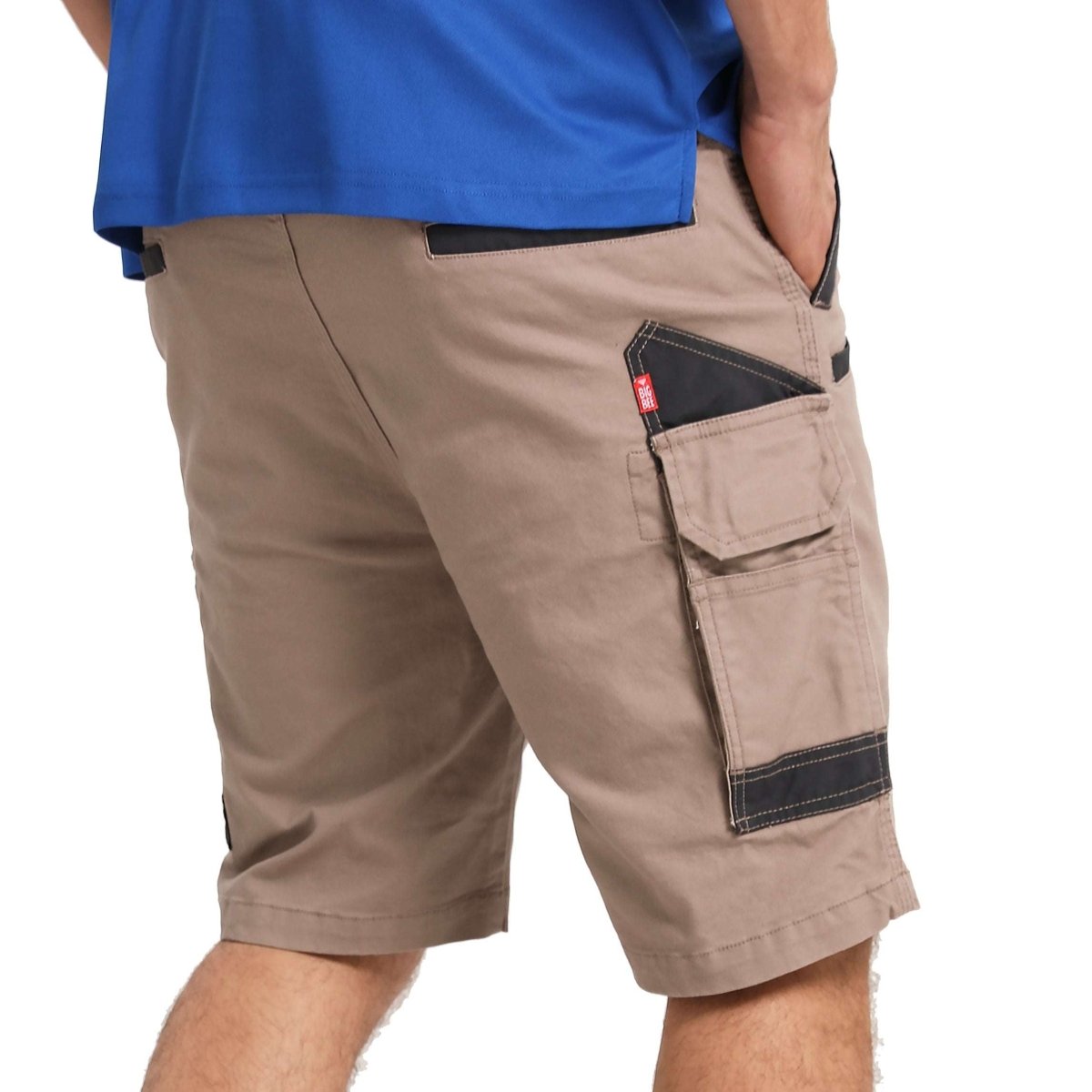 brumby work shorts in khaki, model back – Big Bee Workwear