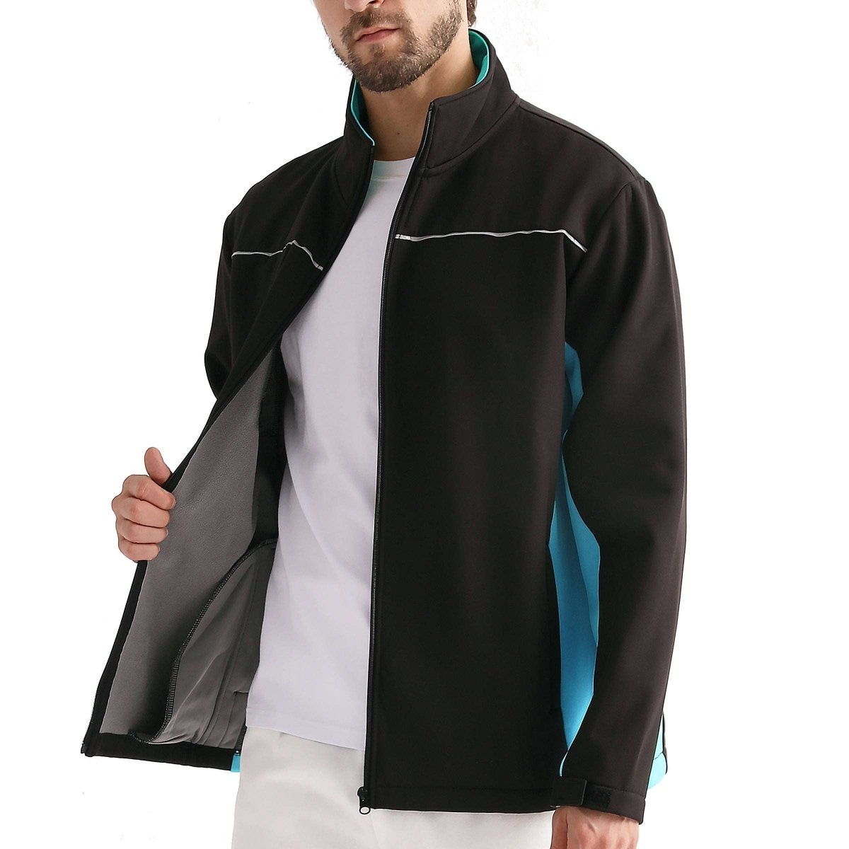 panel softshell jacket in Black with Aqua Blue, model posed – Big Bee Workwear