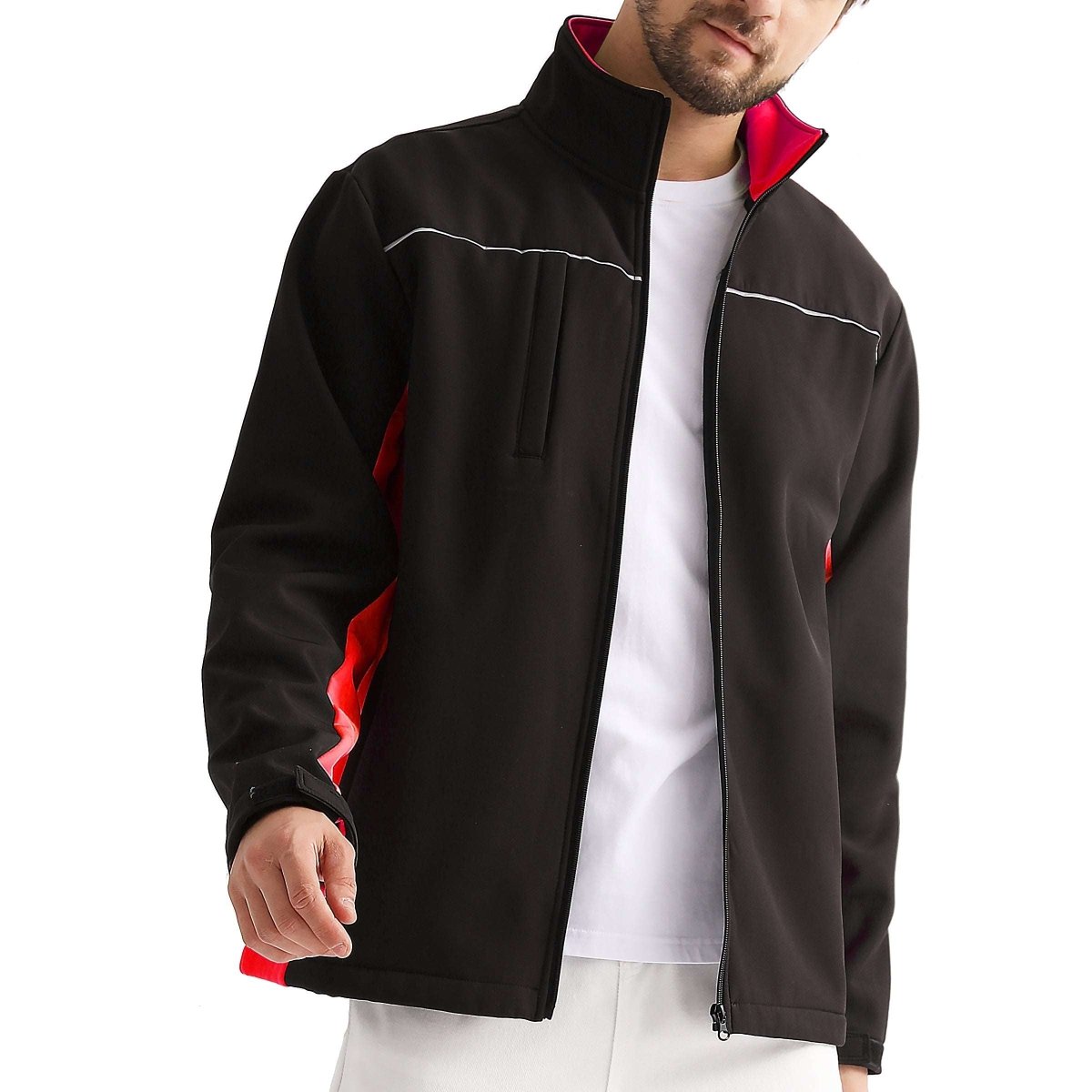 panel softshell jacket in Black with red, model front – Big Bee Workwear