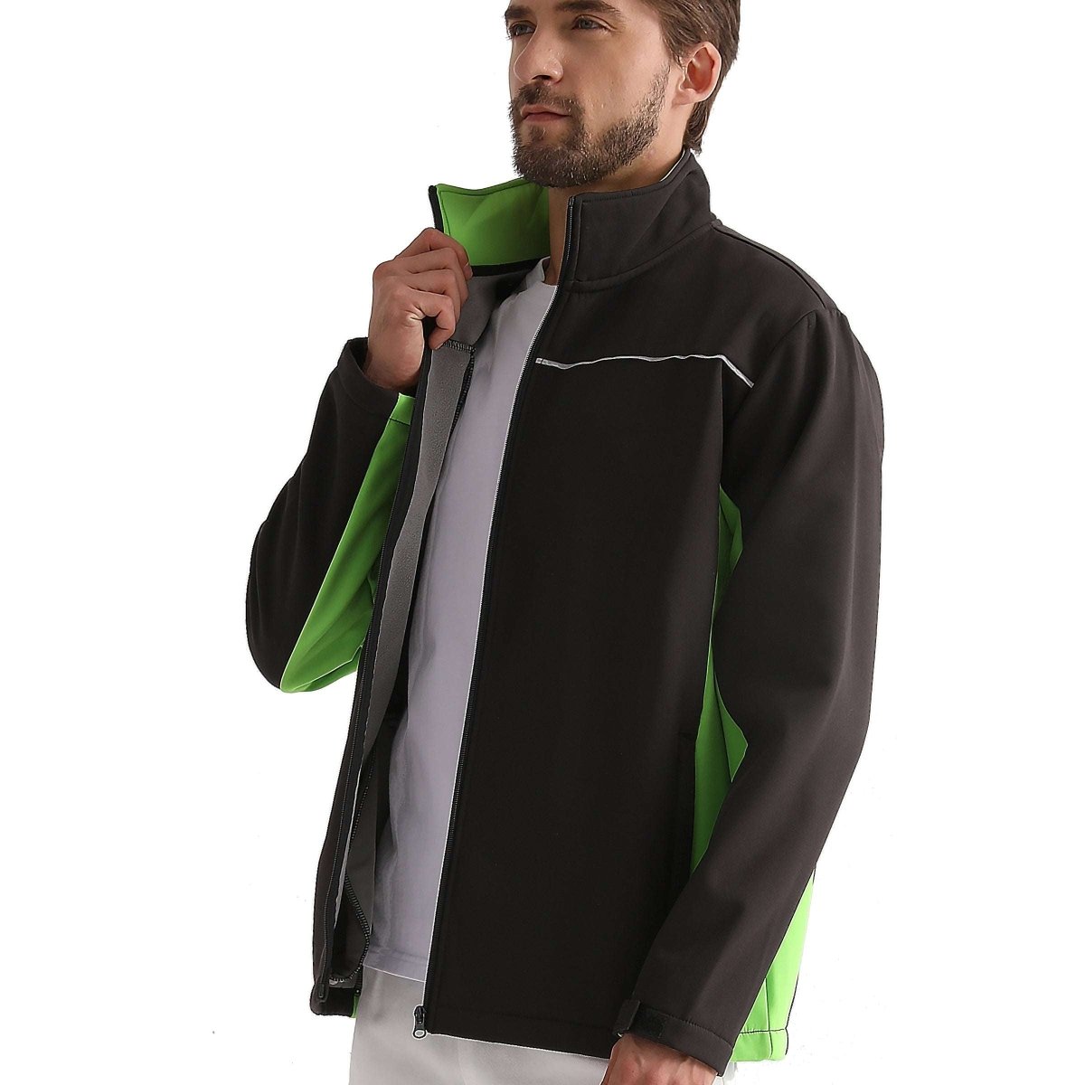 panel softshell jacket in Black with green lime, model posed – Big Bee Workwear