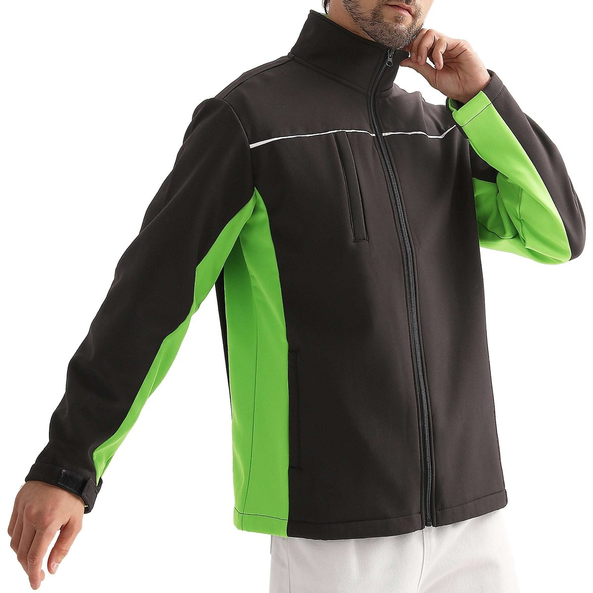 panel softshell jacket in Black with green lime, model side – Big Bee Workwear