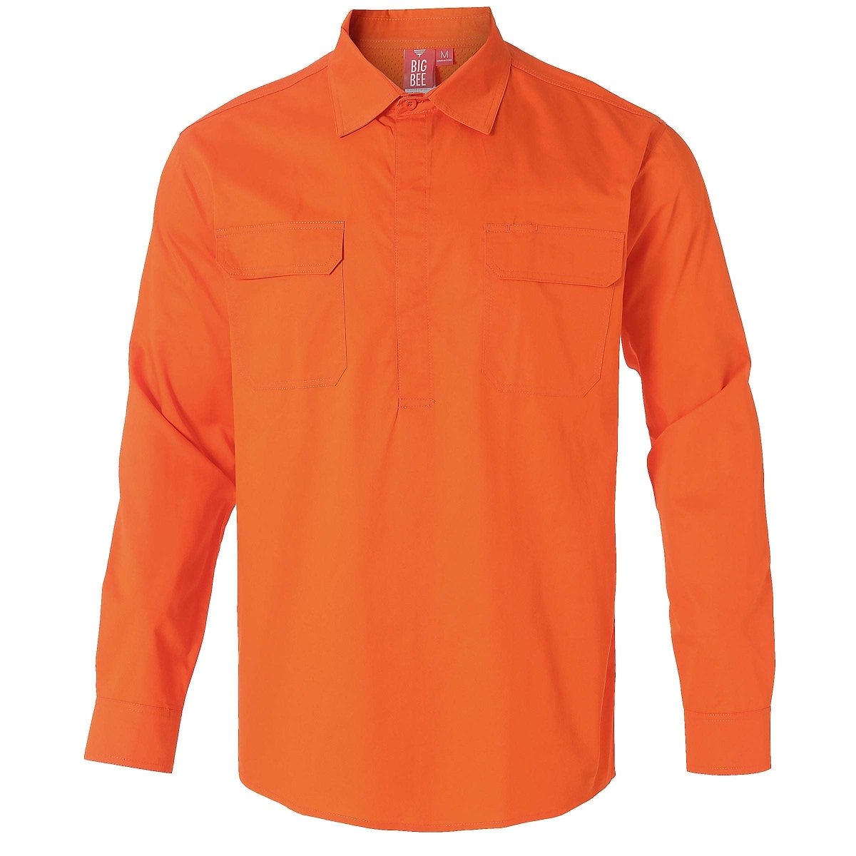 Closed Front Lightweight Cotton Work shirt in orange, Long Sleeve, front – Big Bee Workwear