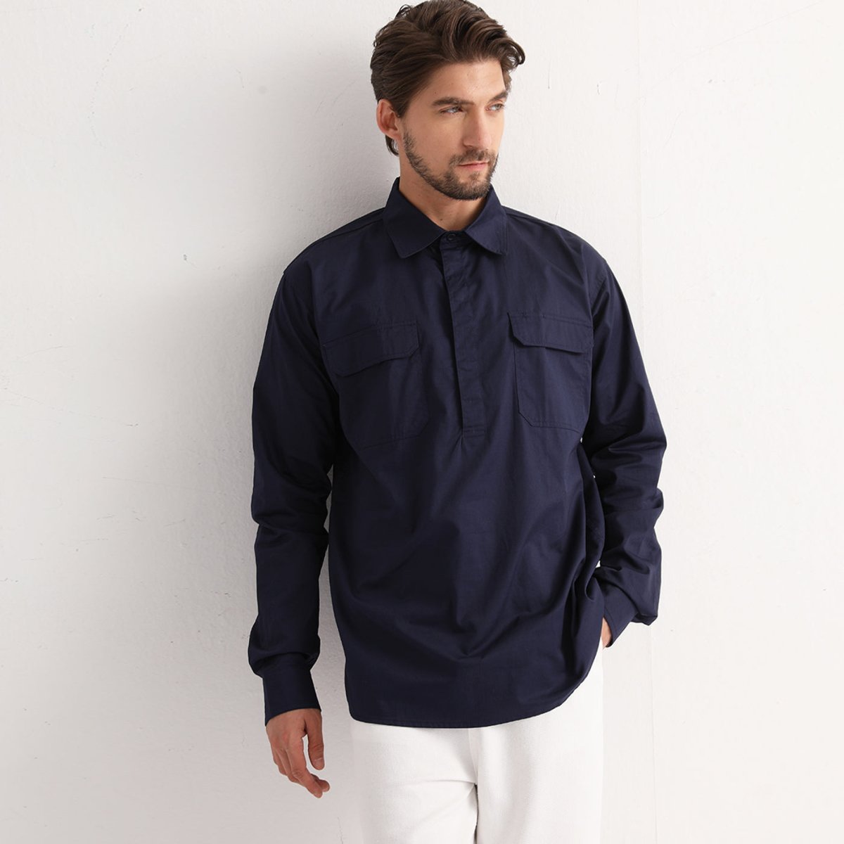 Closed Front Lightweight Cotton Work shirt in navy blue, Long Sleeve, model posed – Big Bee Workwear