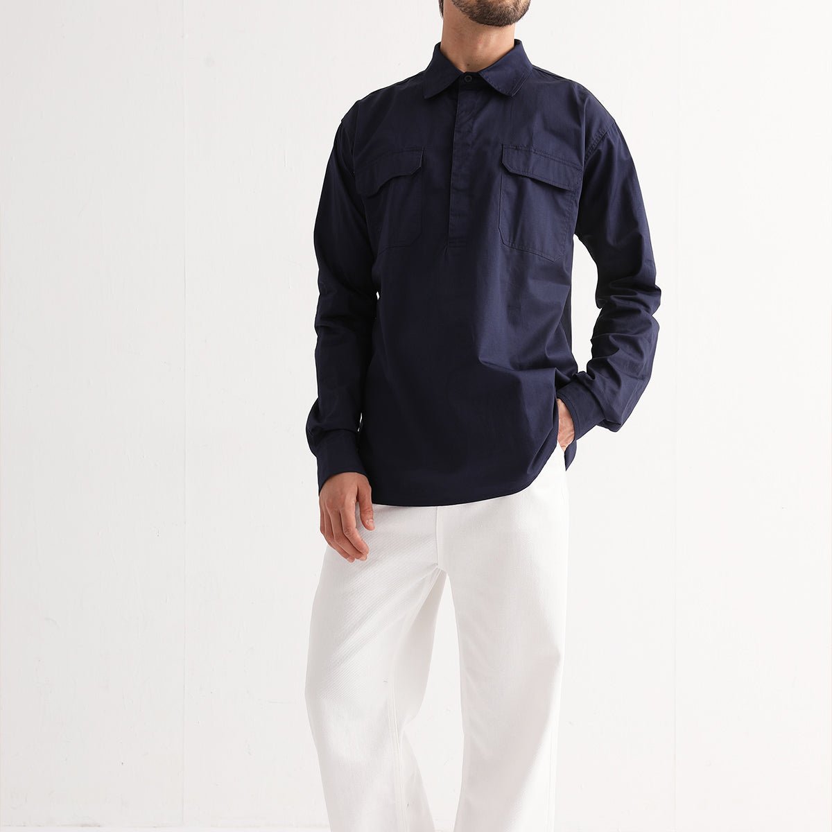 Closed Front Lightweight Cotton Work shirt in navy blue, Long Sleeve, model in action – Big Bee Workwear