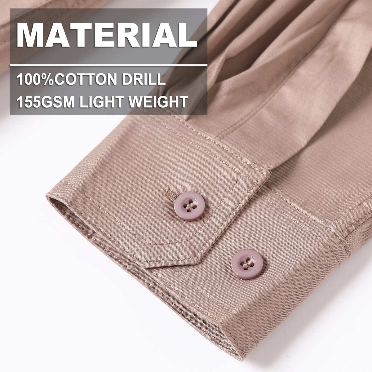 Closed Front Lightweight Cotton Work shirt, Long Sleeve, fabric close-up with info – Big Bee Workwear